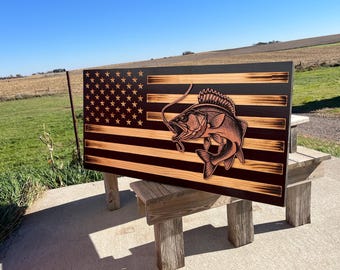 Walleye American Flag: Engraved Wood, Rustic Fishing Decor