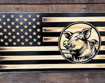 Pig American Flag: Engraved Wood, Rustic Farmhouse Decor