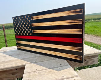 Firefighter Red Line Wooden American Flag: Engraved, Hand-Burnt Pine