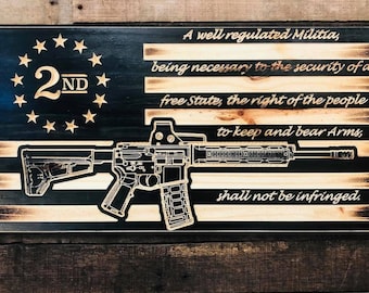 Rustic Wood American Flag, Patriotic Wall Art with 2nd Amendment, Firearm Design