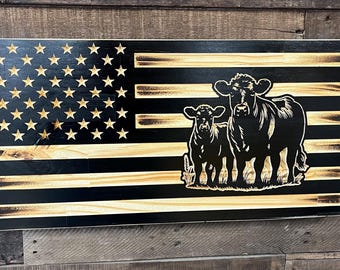 Angus Cattle American Flag: Engraved Wood, Rustic Farmhouse Decor