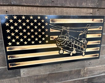 Rustic Chinook Helicopter American Flag - Solid Pine Wood