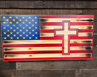 Cross American Flag, Personalized Wood Flag