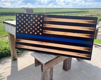 Rustic Wood Blue Line American Flag: Law Enforcement Gift
