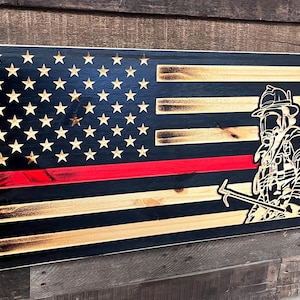 Redline Fireman American Flag, Wood Flag, Personalized Flag, Wooden Flag, Firefighter Flag