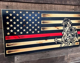 Red Line Firefighter Wood Flag: Personalized American Flag