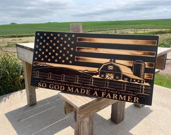 So God Made a Farmer American Flag: Engraved Wood, Rustic Farmhouse Decor