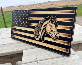 Rustic Wood Horse American Flag, Patriotic Wall Art