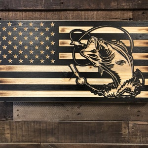 Fishing American Flag, Rustic Wood Flag, Bass American Flag