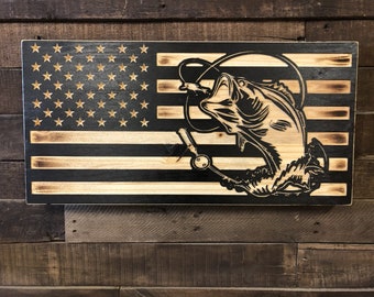 Rustic Wood Fishing American Flag: Bass Wall Decor