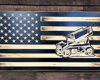 Sprint Car Racing American Flag: Rustic Wood Wall Art