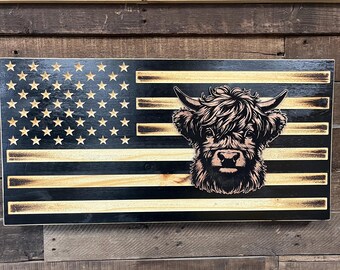 Highland Cow Wood American Flag: Rustic Farmhouse Decor