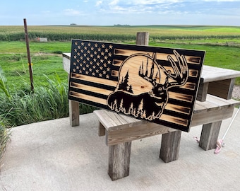 Rustic Wood American Flag: Deer Hunting Scene, Personalized