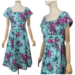 Original 1950&#39;s Marldena Model Blue Cotton Day Dress with Pink, Black, Teal and Black Floral Print and Hip Swag - Bust 35