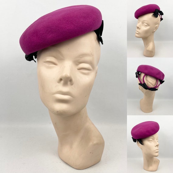 Original 1940’s Fuchsia Pink Felt Hat with Black … - image 1