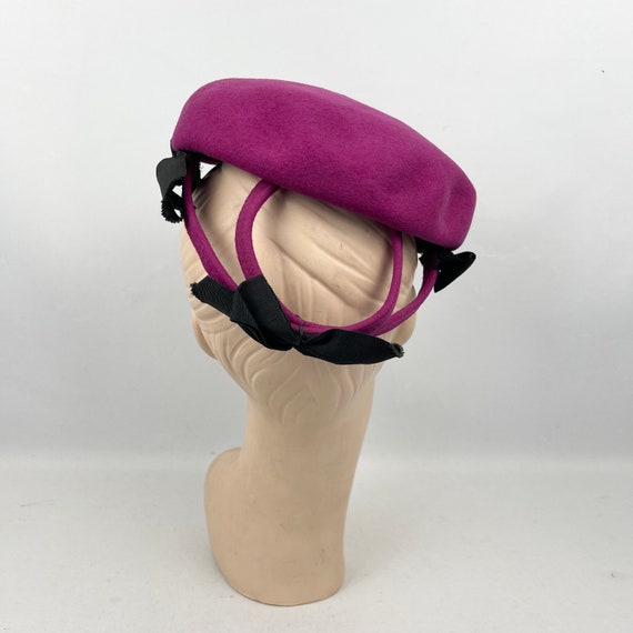 Original 1940’s Fuchsia Pink Felt Hat with Black … - image 5