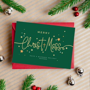 Christmas Card -Christ Mass- Christian Card, Green Card, Holiday Wishes, God, Family Greetings, Jesus, Carta de Navidad, Noël