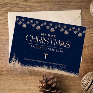 Navy Blue and Gold Christmas Card, Happy New Year, Christian Card, Holiday Wishes, God, Family Greetings, Jesus, Carta de Navidad, Noël