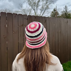 Striped Crochet Bucket Hat – Pink, Purple & Navy – Handmade  display picture 3
