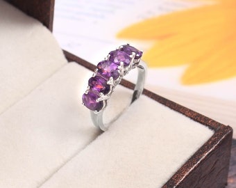 Sterling Silver Amethyst Ring: 5 Stone Oval Gemstone