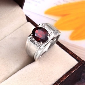 Natural Red Garnet Ring For Men: Oval Gemstone, 925 Sterling Silver
