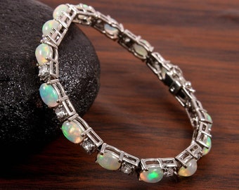 925 Sterling Silver Opal Bracelet with Cubic Zirconia