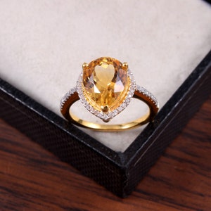 Gold Plated Sterling Silver Citrine Ring: Pear Faceted Gemstone