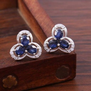 Blue Sapphire Stud Earrings, 925 Sterling Silver Sapphire Stud Earrings, Gemstone Earrings, Gift For Her, Shimmering Fancy Earrings Women&#39;s
