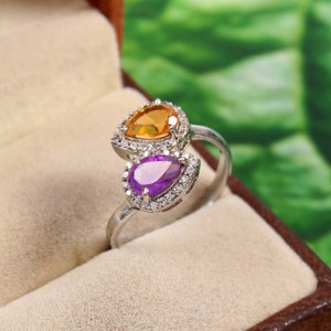 925 sterlingzilveren ring, natuurlijke amethist en citrien ring, amethist en citrien edelsteen ring, edelsteen ring, zilveren ring, cadeau voor haar