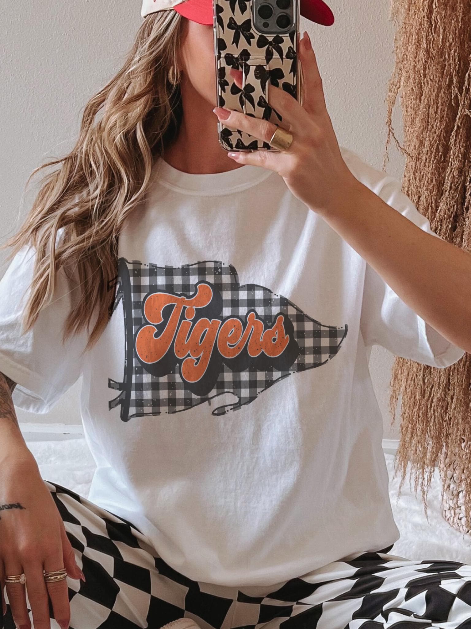 Tigers Gingham Flag T-Shirt | Unisex Game Day Graphic Tee | Retro School Spirit Shirt | Vintage Tiger Mascot Shirt | Orange & Black Tshirt