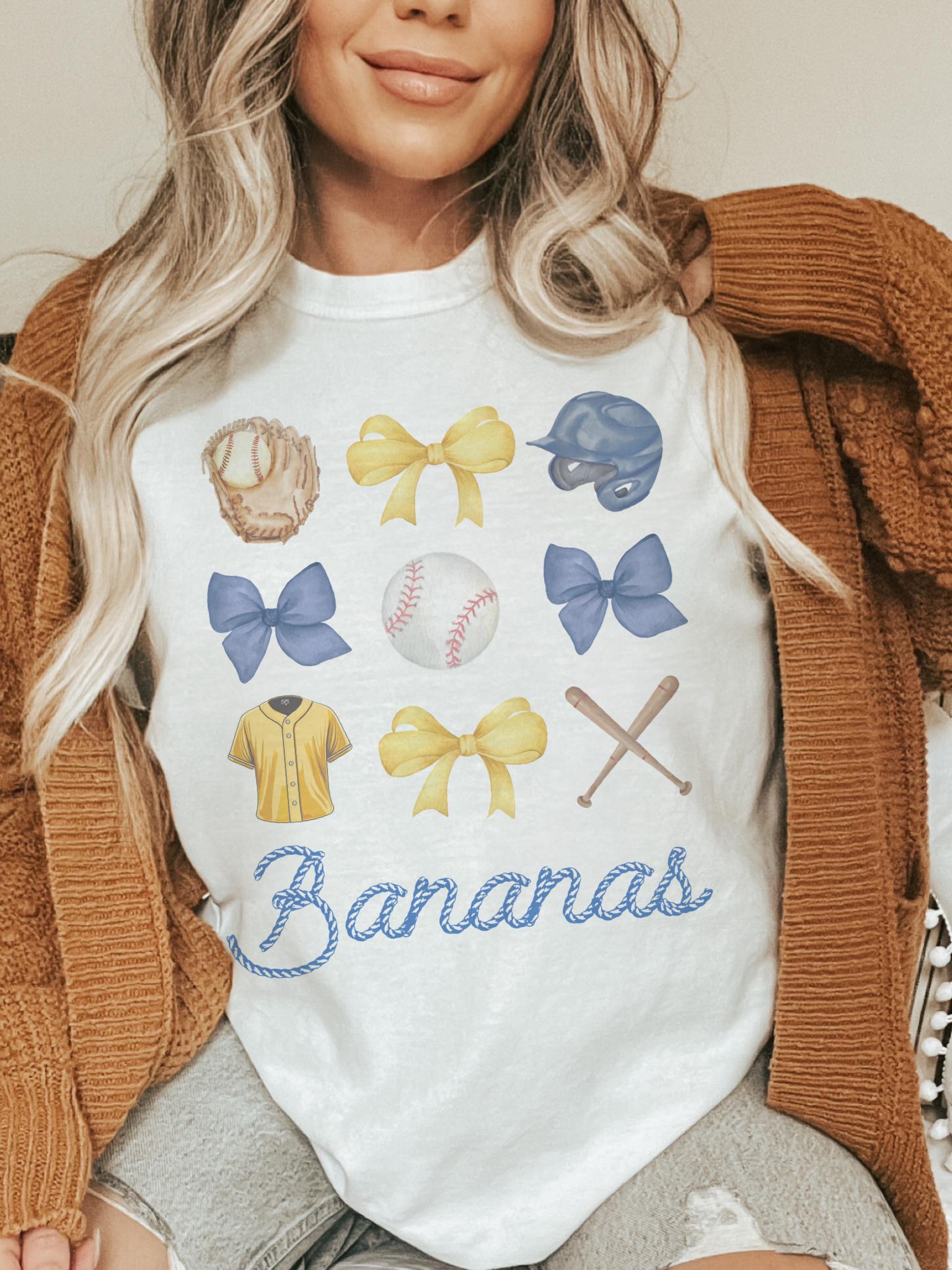 Bananas Baseball T-Shirt Unisex | Cute Sports Tee with Bows | Yellow & Blue Team Shirt | Fun Game Day Outfit | Softball Fan Gift
