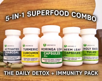 5-in-1 Herbal Wellness Combo | Turmeric | Neem | Moringa | Tulasi | Activated Charcoal | Vegan Capsules | Detox, Immunity & Balance Support.
