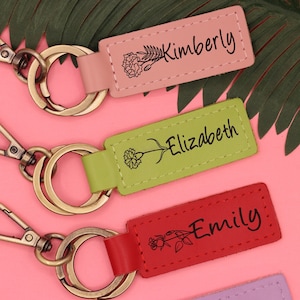 Custom Name Birth Flower Keychain, Customized birthday gift for mom, BFF Gifts, Sister Gift, Personalized Leather Keychain