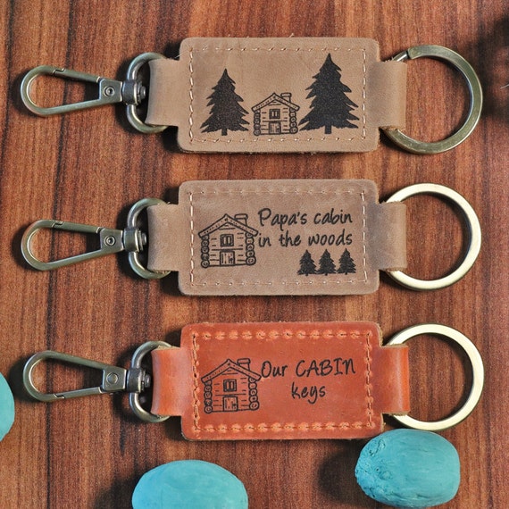 CABIN KEYS, Keychain for Cabin, Cottage Keychain, Gift for Second Home, Engraved Leather Cabin Keychain, Housewarming Gift, Personalized