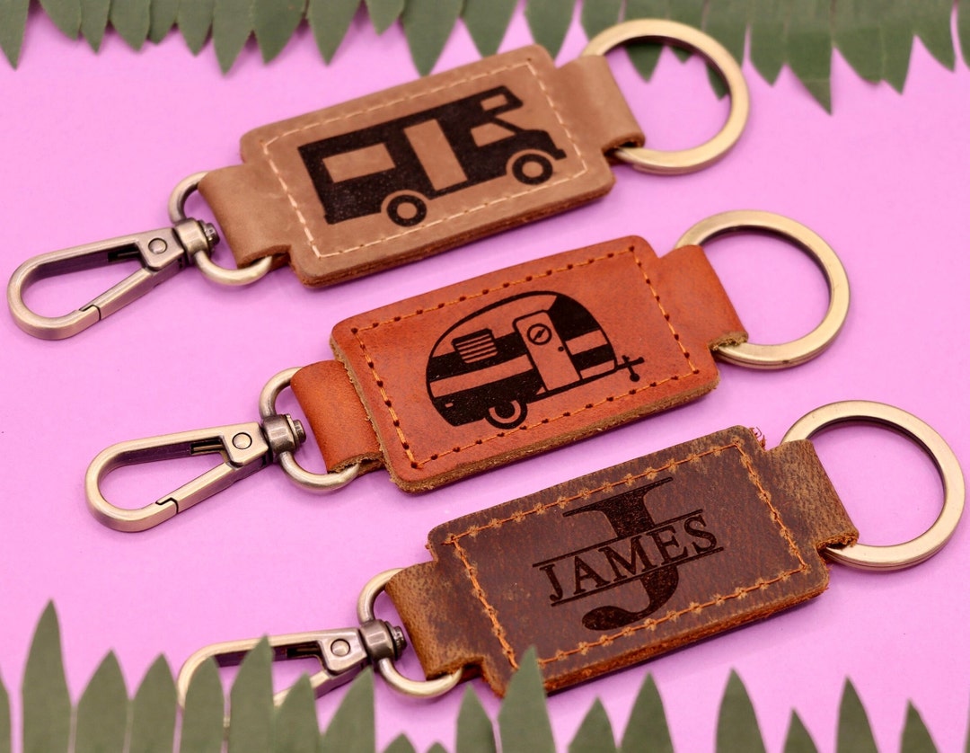Happy Camper Leather Keychain, Camping Keychain, Camper Gift, RV Gifts, RV Keychain, Travel