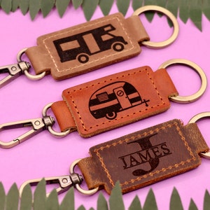 Happy Camper Leather Keychain, Camping Keychain, Camper Gift, RV Gifts, RV Keychain, Travel Trailer Retro Camper Key, Airstream Gift