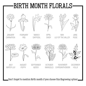 May include: A black and white illustration of flowers representing each month of the year.  The flowers are labeled with their corresponding month and name.  The text at the bottom reads "Don't forget to mention Birth month if you choose this Engraving option!"