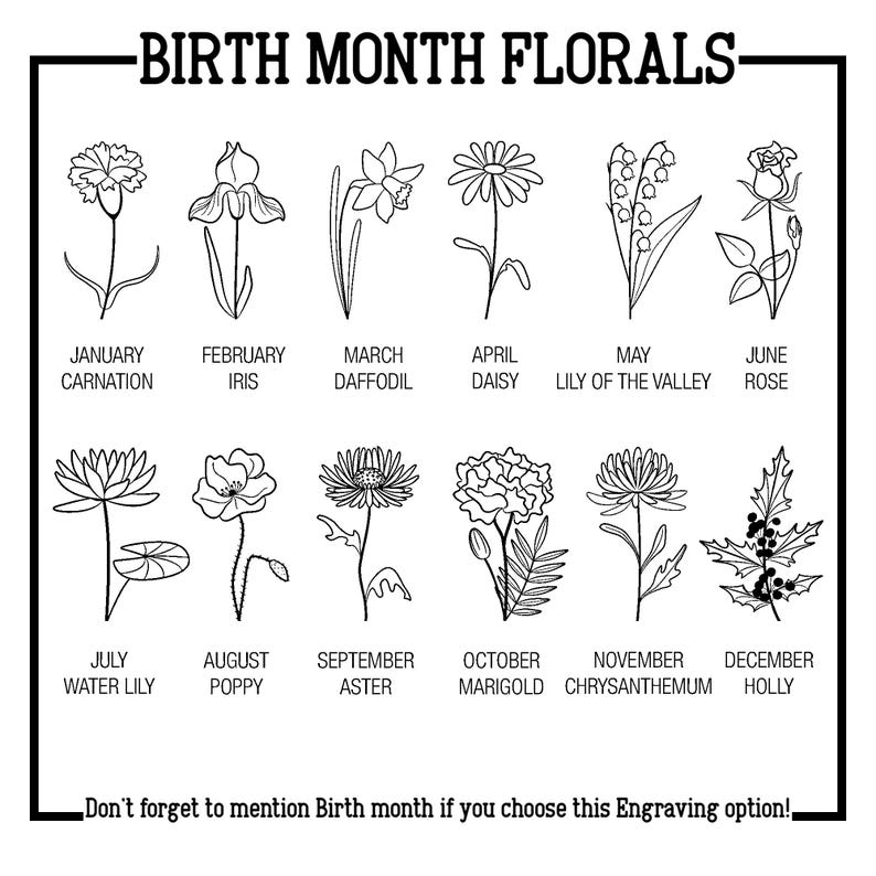 May include: A black and white illustration of flowers representing each month of the year.  The flowers are labeled with their corresponding month and name.  The text at the bottom reads "Don't forget to mention Birth month if you choose this Engraving option!"