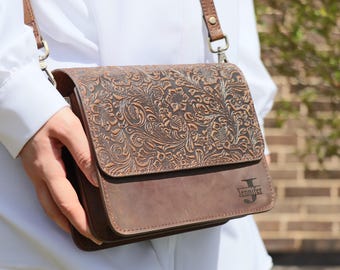 Personalized Brown Leather Bag, MONOGRAM LEATHER Bag, Leather Crossbody Bag, Leather Bag for Women, Women's Leather satchel for DAILY