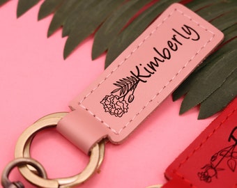 BIRTH FLOWER Keychain, BRIDESMAID Gifts, Customized birthday gift for mom, Bff Gifts, Sister Gift, Personalized Leather Keychain
