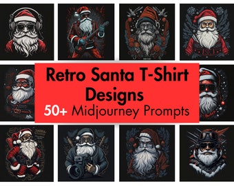 50+ T-Shirt Designs Midjourney Prompts Retro Santa, AI Art, Midjourney Prompt, Midjourney AI Art, Dog T-Shirt Design, Digital Art, Christmas