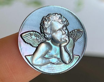 Black Mother of Pearl Angel Cameo Charm: Carved Cherub Cabochon (20mm)
