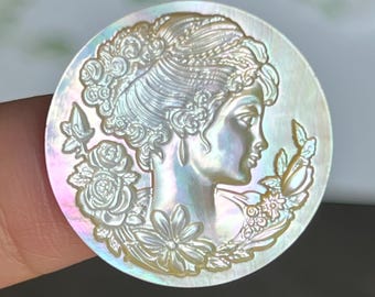 Mother of Pearl Cameo Charm: Carved Victorian Girl Portrait, 25mm MOP Cabochon