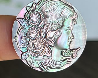 Rose Girl Mother of Pearl Round Cameo Charm: Carved Victorian Lady Portrait (25mm)