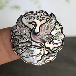 Black Mother of Pearl Crane Pine tree Charm- Chinese Style Carved Shell Bird Tag
