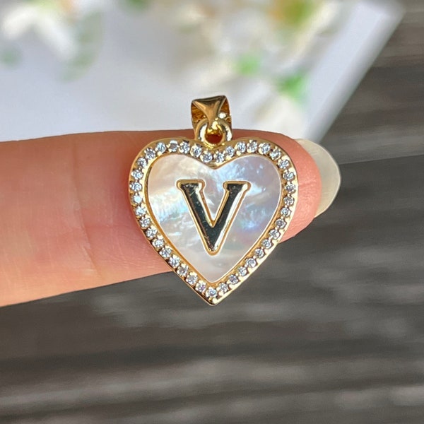 1pc 14k Gold Plated CZ Micro Pave Mother of Pearl Heart Initial Alphabet Necklace Pendant Charm-Upper Case Letter C.V