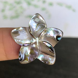May include: A pearlescent, iridescent flower-shaped pendant with five petals. The pendant has a hole at the top for stringing. The surface reflects a range of colors, including blues, greens, and purples. The pendant is likely made of shell.