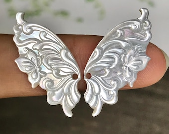White Mother of Pearl Butterfly Wings: Carved Shell Beads ( a Pair)