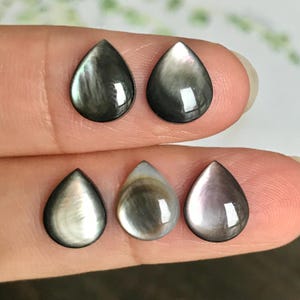 May include: Six teardrop-shaped cabochons with a pearlescent, iridescent sheen. The gemstones vary in color from dark gray to light gray and lavender. The cabochons are smooth and polished, reflecting light.