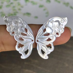White Mother of Pearl Butterfly Wing Charms: Carved Shell Floral Wings (a Pair)